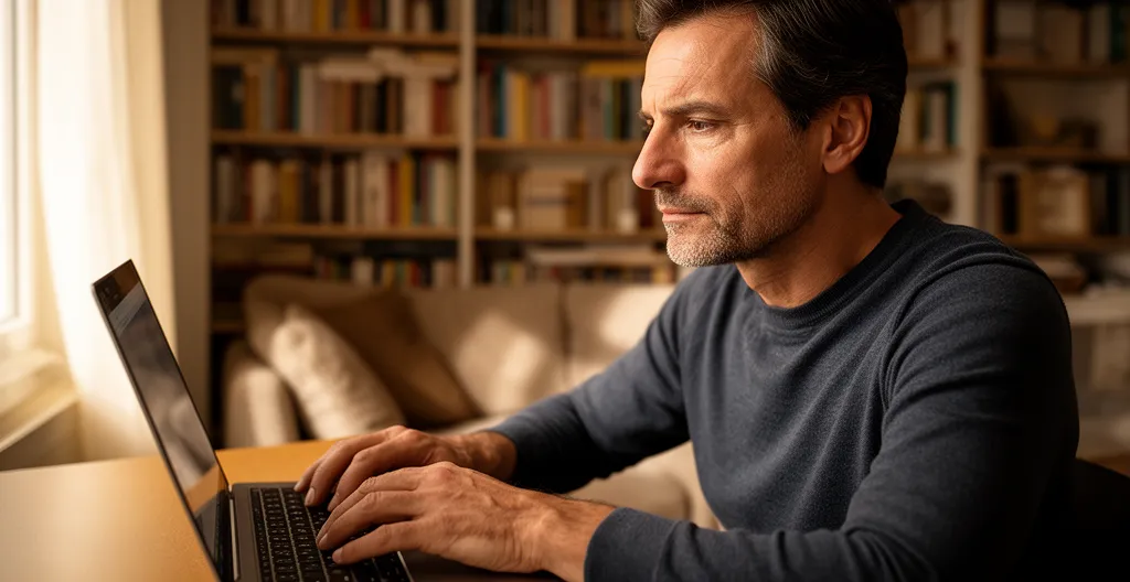 Personne concentrée devant son ordinateur portable remplissant sa déclaration de revenus en ligne