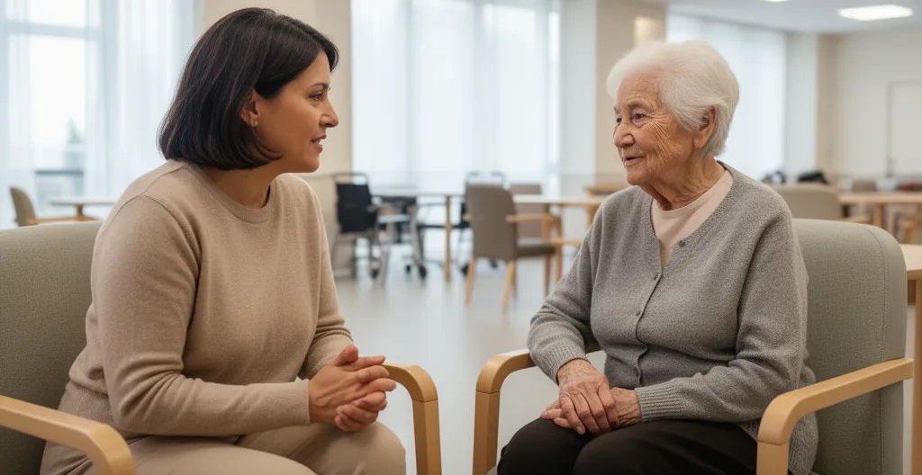 Femme quinquagénaire visitant sa mère âgée en EHPAD, conversation naturelle dans espace lumineux