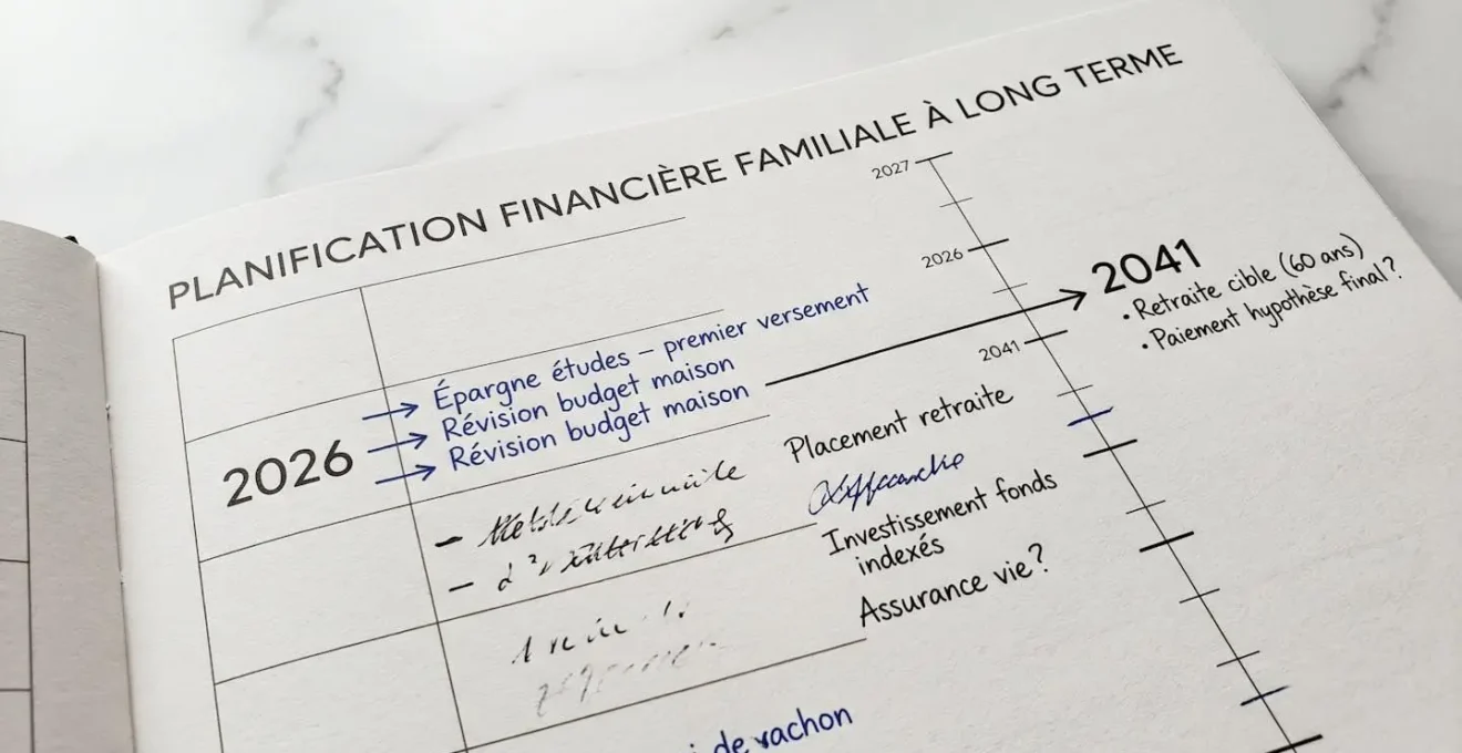 Gros plan net d'un calendrier pluriannuel avec annotations manuscrites sur intervalles de dates de planification patrimoniale posé sur surface marbre blanc