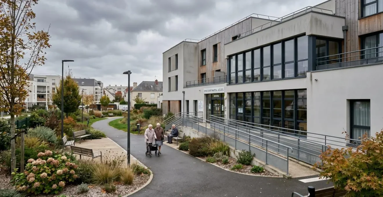 Façade moderne d'un EHPAD à Tours avec rampe d'accès, grandes fenêtres et jardin accessible avec allées aménagées