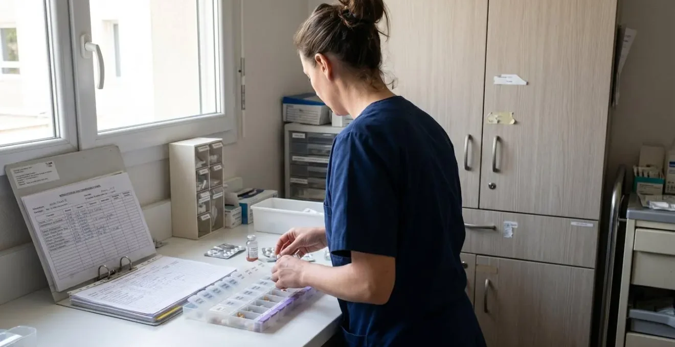 Infirmière de dos préparant des doses de médicaments dans une salle de soins d'EHPAD avec piluliers et dossier médical