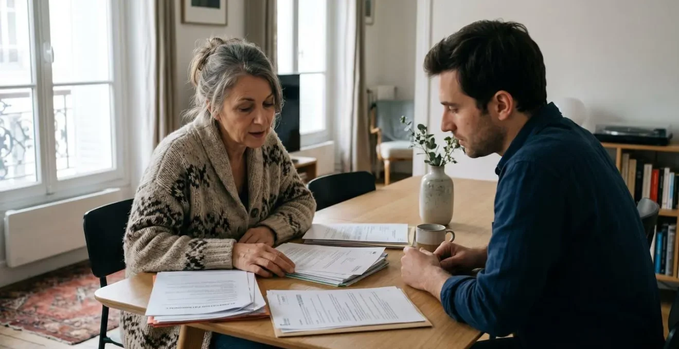 Deux personnes de profil à une table consultent des documents de planification patrimoniale dans un intérieur contemporain avec lumière naturelle