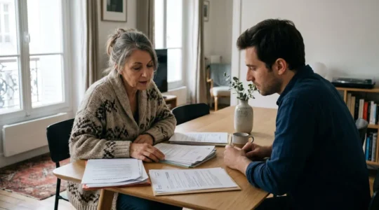 Deux personnes de profil à une table consultent des documents de planification patrimoniale dans un intérieur contemporain avec lumière naturelle