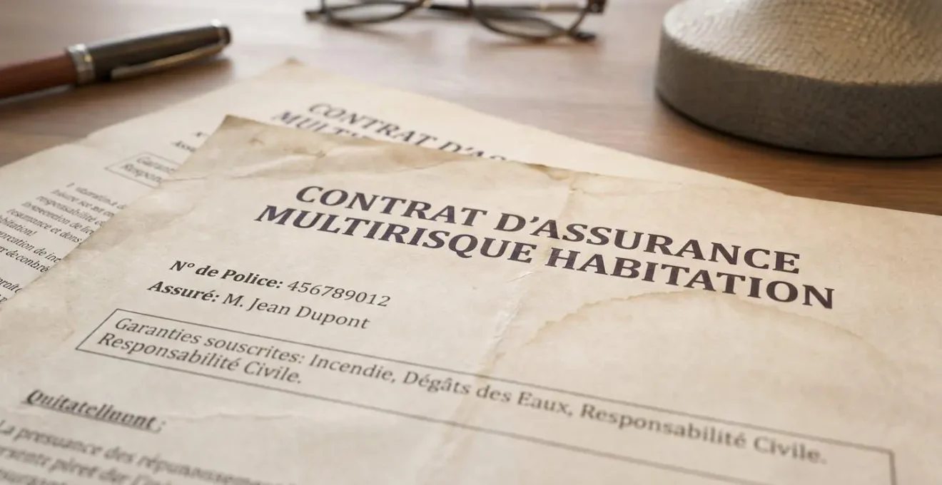 Gros plan sur des documents de contrats d'assurance prévoyance étalés sur un bureau moderne, avec tableaux de garanties dépendance et mentions capital décès partiellement visibles