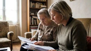 Une fille dans la cinquantaine assise à côté de sa mère âgée sur un canapé, toutes deux de profil, consultant ensemble des documents administratifs dans un salon contemporain éclairé naturellement