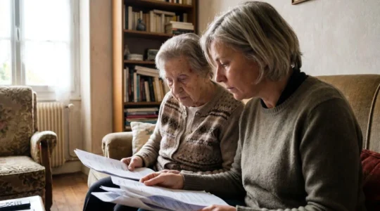 Une fille dans la cinquantaine assise à côté de sa mère âgée sur un canapé, toutes deux de profil, consultant ensemble des documents administratifs dans un salon contemporain éclairé naturellement