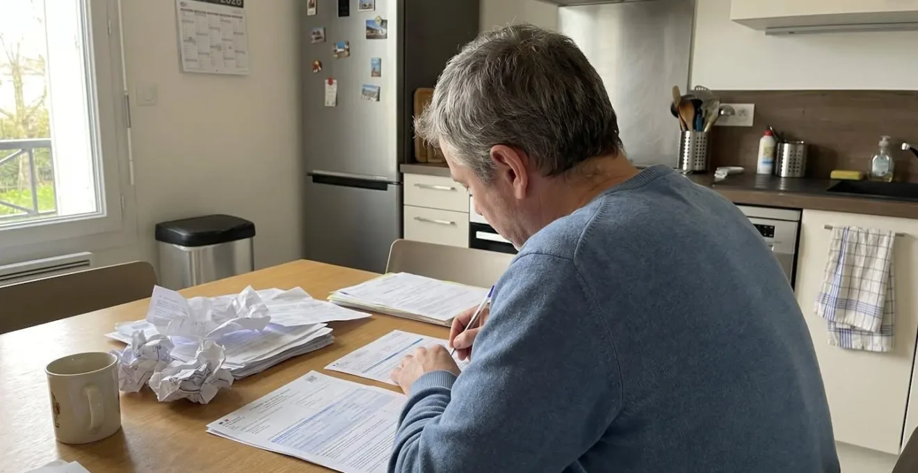 Une personne de dos assise à une table de cuisine remplissant des formulaires administratifs français, avec une pile de documents à côté, dans une cuisine contemporaine éclairée naturellement