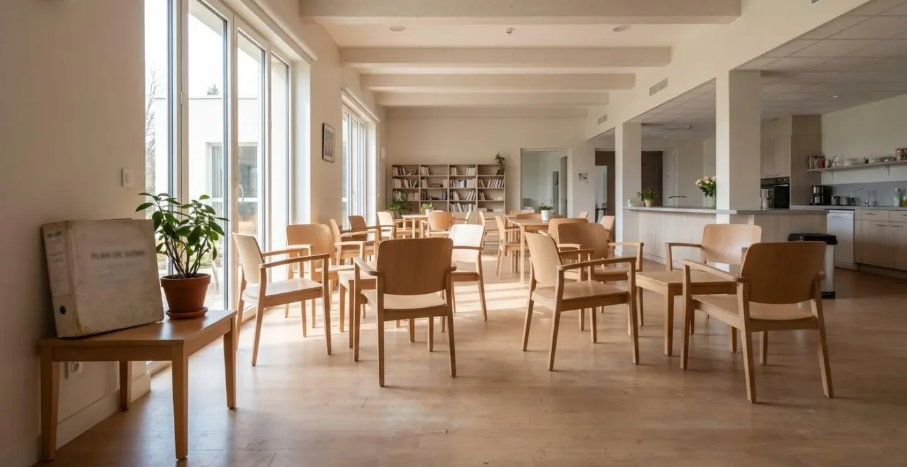 Salle commune lumineuse d'un EHPAD contemporain avec fauteuils disposés en petits groupes et grandes baies vitrées laissant entrer la lumière du jour