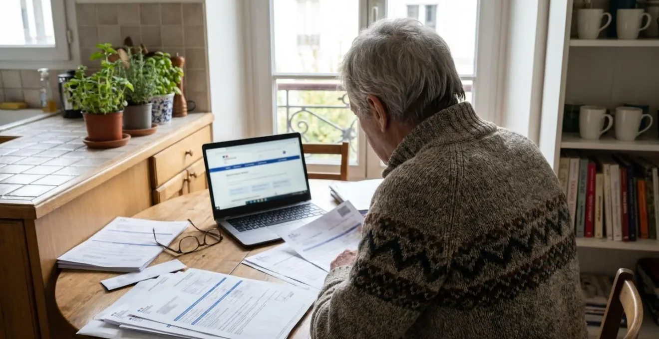 Personne senior de dos assise à une table de cuisine lumineuse, consultant des formulaires administratifs avec ordinateur portable affichant un site officiel en arrière-plan flouté