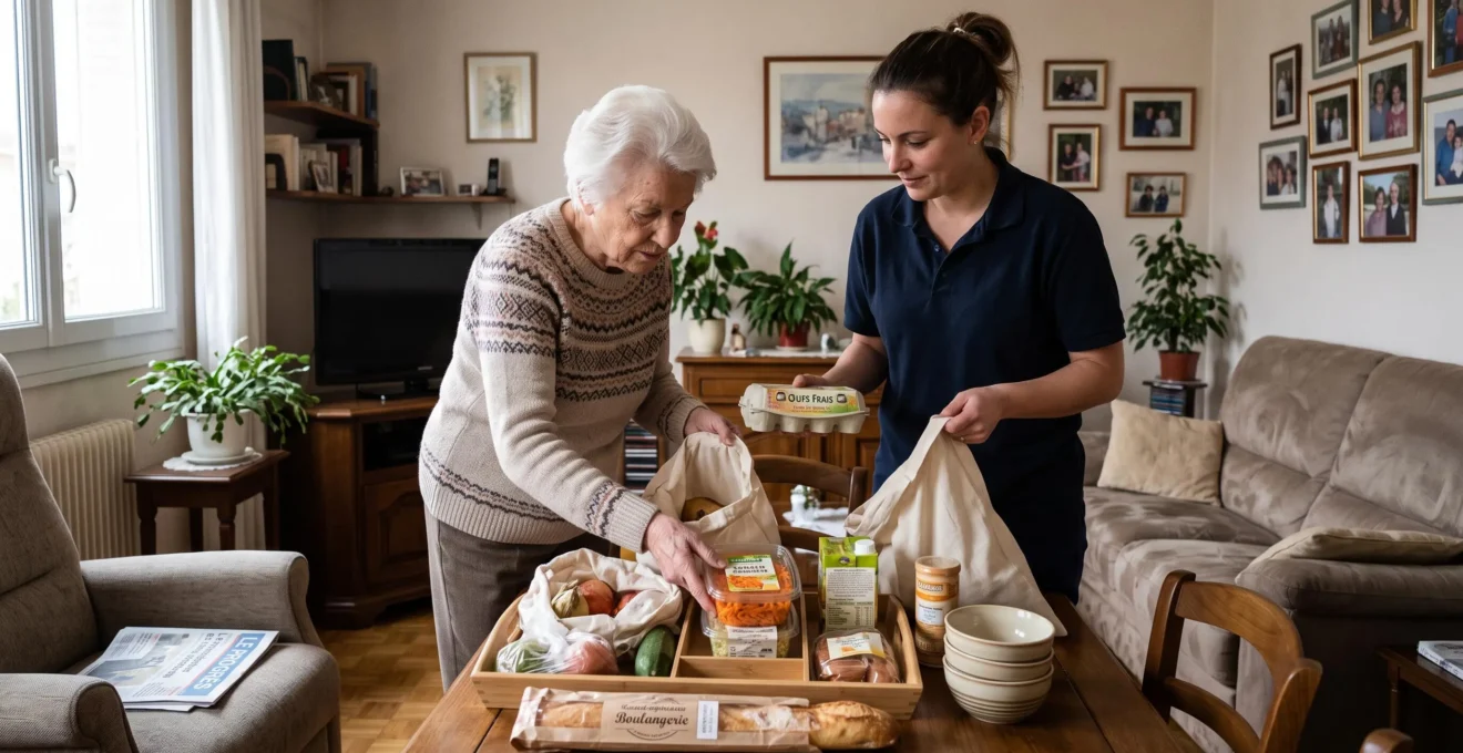 Aide à domicile accompagnant une femme âgée autonome dans la préparation d'un repas dans un salon chaleureux avec lumière naturelle