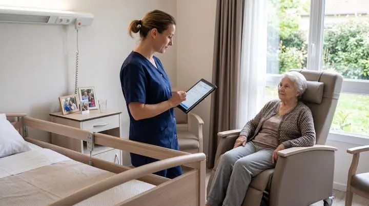 Infirmière coordinatrice évaluant le niveau de dépendance d'une résidente âgée à l'aide d'une tablette dans une chambre d'EHPAD lumineuse