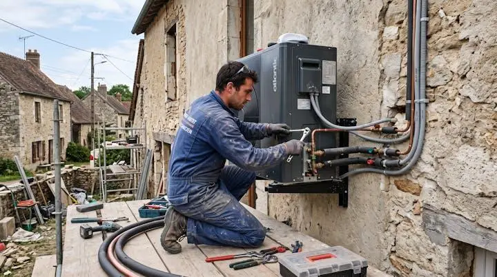 Technicien installant une pompe à chaleur air-eau sur le mur extérieur d'une maison rénovée