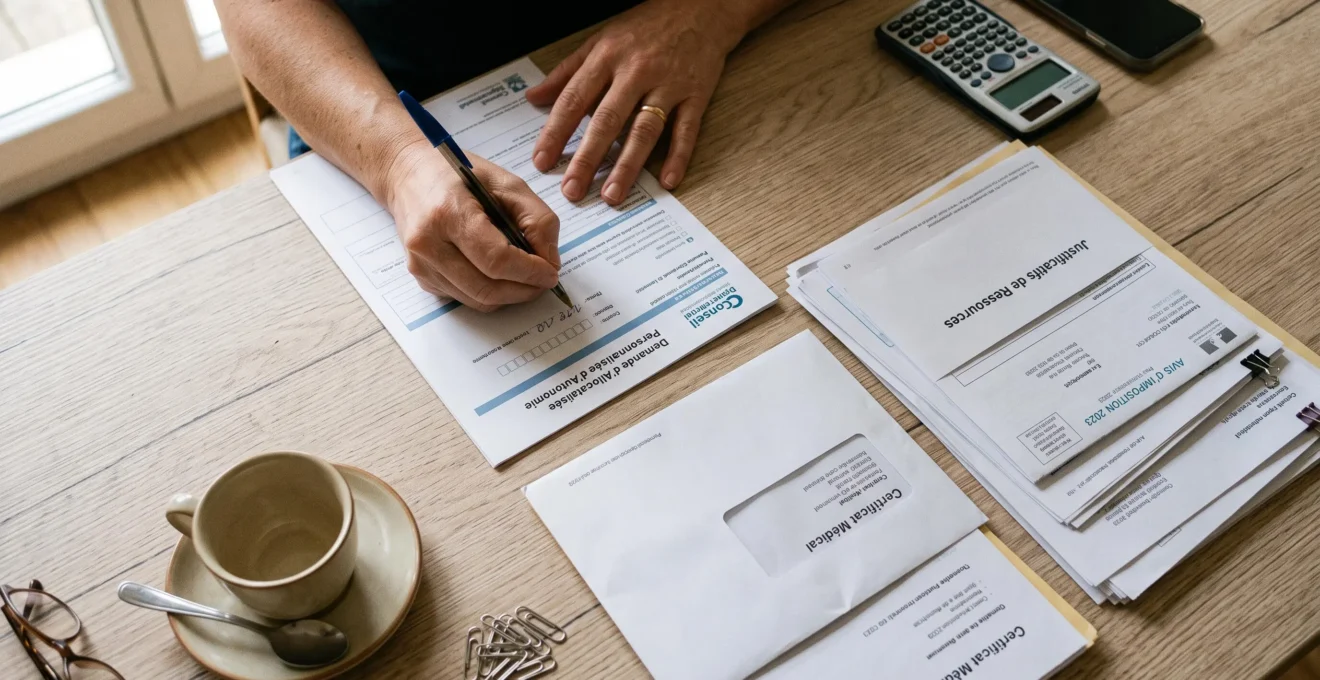 Main remplissant un formulaire de demande APA entouré de documents administratifs organisés sur une table de travail à domicile