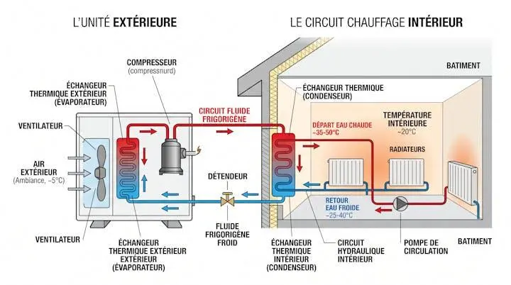 Schéma explicatif du fonctionnement d'une pompe à chaleur air-eau avec circuit hydraulique