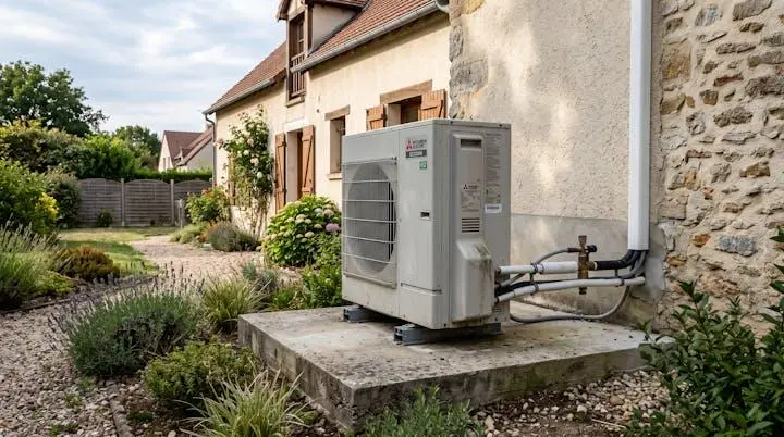 Unité extérieure de pompe à chaleur air-eau installée dans un jardin avec dégagements réglementaires