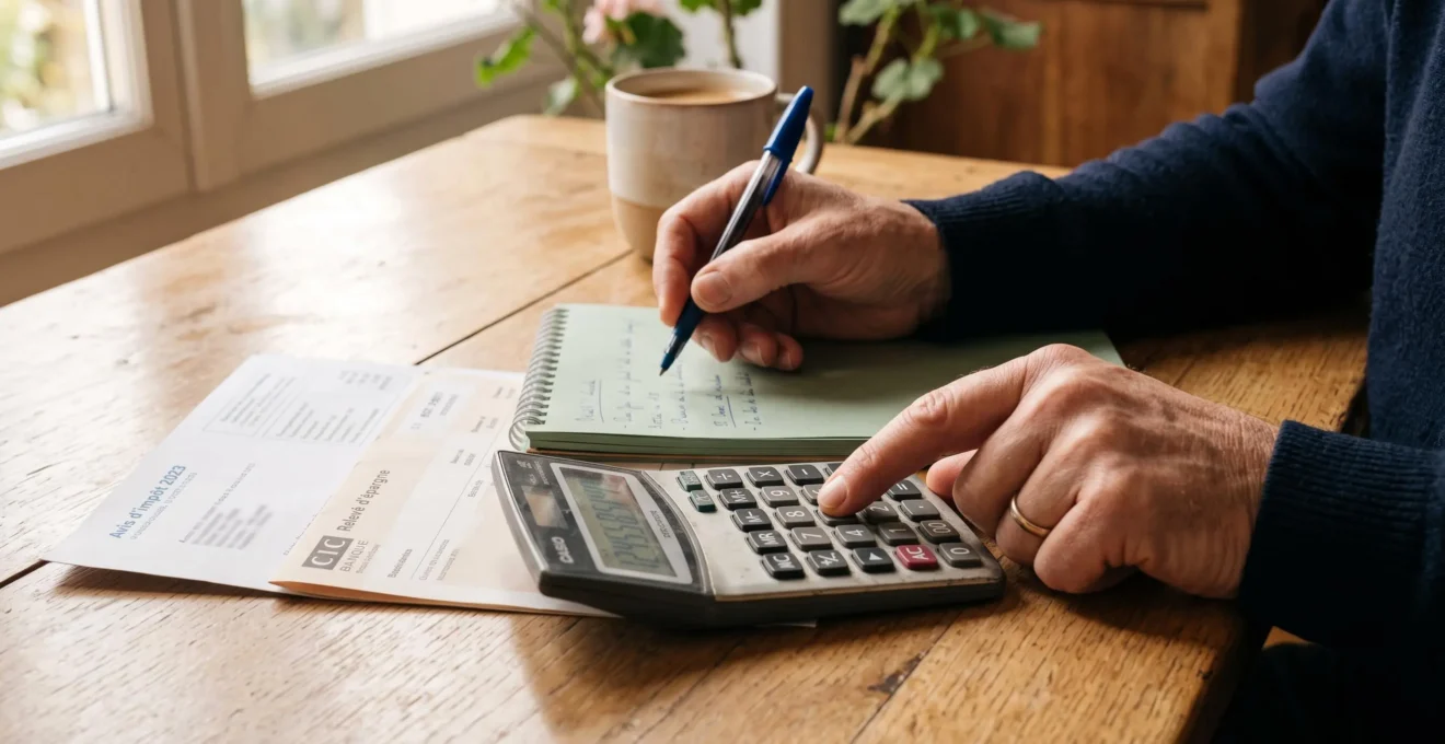 Une personne calcule à la calculatrice à côté de documents fiscaux posés sur un bureau en bois.