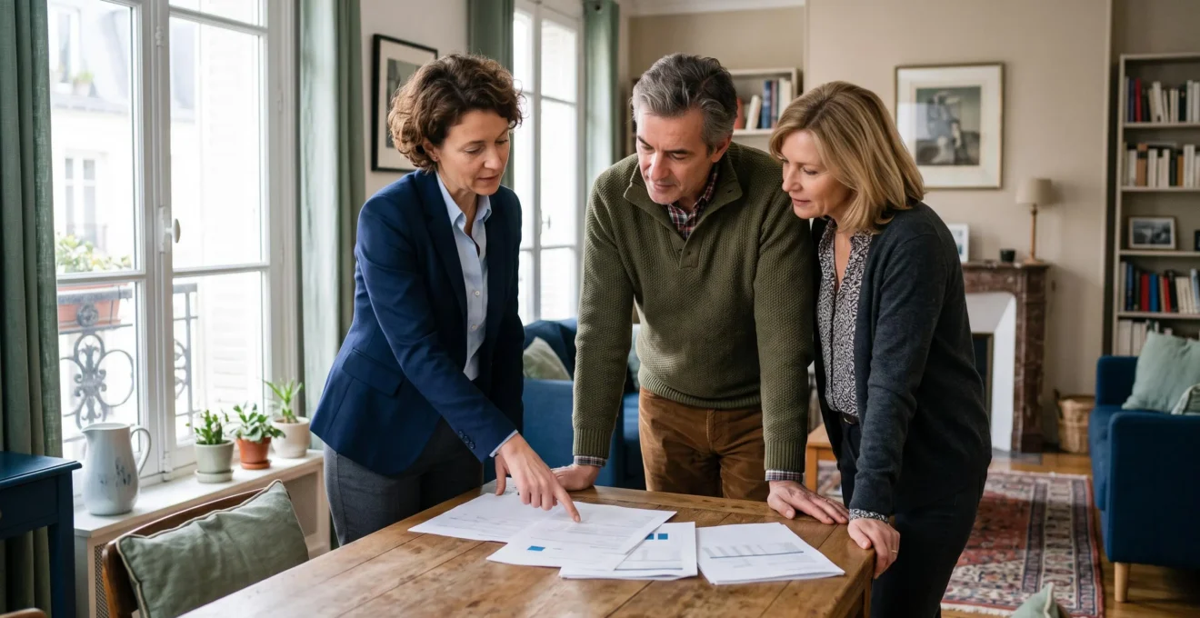 Un conseiller patrimonial présente des documents de plan d'épargne retraite à un couple dans un salon lumineux en France.
