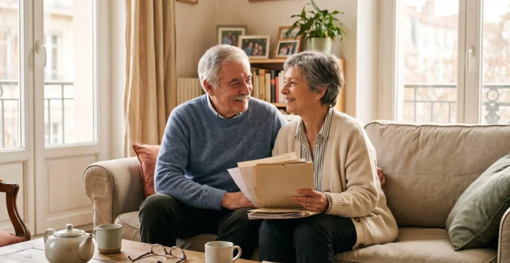 Un couple de retraités souriants discute sereinement ensemble de leur planification financière dans leur salon Un couple de retraités souriants discute sereinement ensemble de leur planification financière dans leur salon