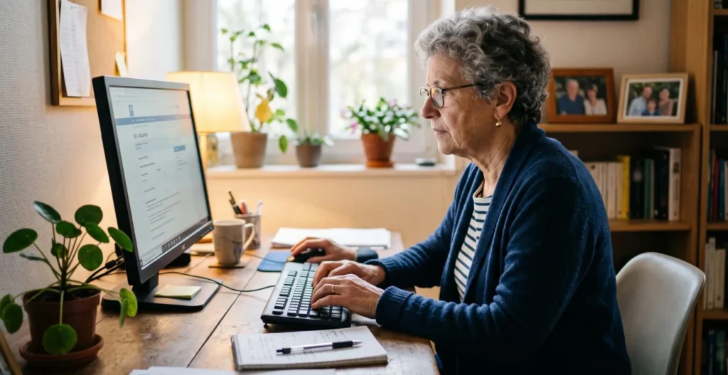 Une femme retraitée utilise son ordinateur pour effectuer ses démarches de demande d'allocations CAF en ligne depuis son domicile Une femme retraitée utilise son ordinateur pour effectuer ses démarches de demande d'allocations CAF en ligne depuis son domicile