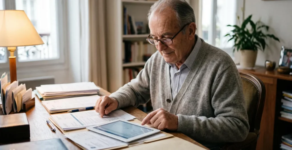 Un homme retraité compare des documents administratifs CAF avec des informations sur sa tablette dans un espace de travail organisé à domicile Un homme retraité compare des documents administratifs CAF avec des informations sur sa tablette dans un espace de travail organisé à domicile