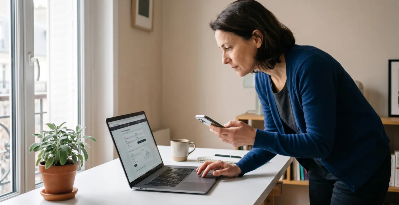 Une femme debout souscrit à un plan d'épargne retraite en ligne sur un ordinateur portable dans son appartement.